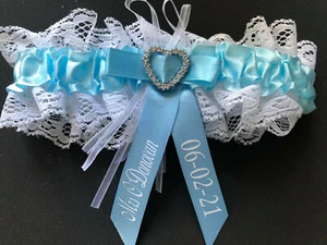 PERSONALISED BLUE WHITE HEART BRIDE GARTER HEN NIGHT/WEDDING DATE MRS NEW GIFT - Picture 1 of 10