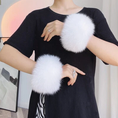 One Pair Real Fox Fur Cuffs Winter Bracelet Wrist Warm Fur cuffs Sleeves Gloves - Image 1 of 4