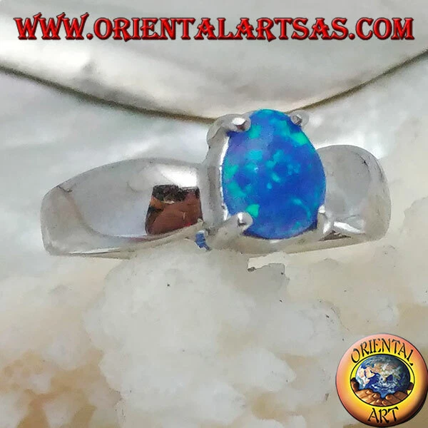 Anello in Argento 925‰ con opale blu ovale incastonato e montatura a fiocco - Immagine 1 di 1