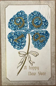 New Year Floral Four Leaf Clover Embossed Antique Postcard 1908 - Picture 1 of 5