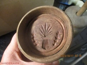 Antique Primitive Butter Mold. Round, Leaf And Wheat Design, 3.5" WIDE STAMP - Picture 1 of 4