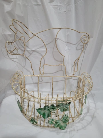 UNIQUE WHITE WIRE PIG WITH BASKET - HOME DECOR - CAN BE HUNG OR STANDING Cover