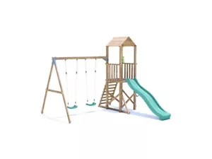 Dunster House Climbing Frame with Slide, 2 Swings and High Platform BalconyFort - Picture 1 of 10