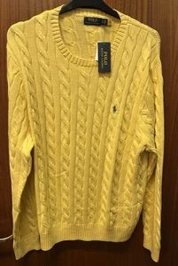 Authentischer Ralph Lauren Baumwollpullover mit Zopfmuster für Herren gelb 2XL UVP 190 £ - Bild 1 von 6