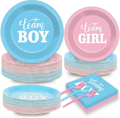 200Pcs Gender Reveal Plates Napkins Gender Reveal Paper Tableware Set Blue and P - Image 1 of 4