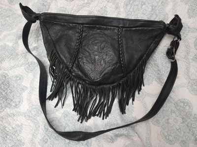 Vintage  Black Fringed Braided Rose Slouch Purse Biker Hobo - Image 1 of 4