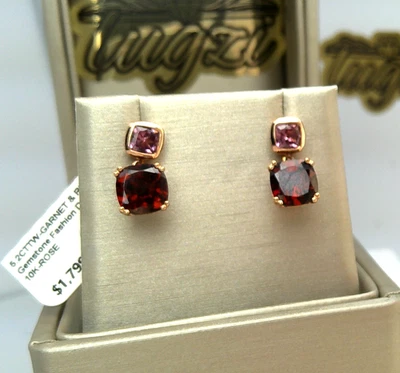 SOLID 10K ROSE GOLD ⭐ $2000 GENUINE Rhodolite & GARNET DROP Earrings STUDS - Image 1 of 4