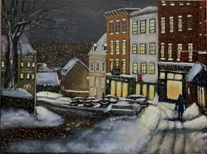 Winter Straßenszene Nordische Kunst signiert Acrylbild auf Leinwand - Bild 1 von 3