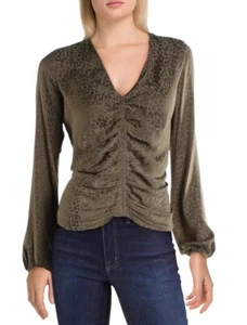 Guess Seeley Printed Ruched Shirred Top Blouse Shirt Tee Green Long Sleeve Sz XS - Picture 1 of 17