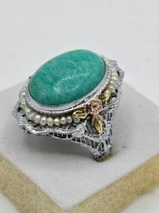 Antique 14k White, Yellow & Rose Gold Amazonite and Pearls Ring Size 4.5, 5.9g - Picture 1 of 11