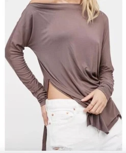Free People Off The Shoulder Luna Long Sleeve Tee Shirt Tunic Brown Sz SMALL - Picture 1 of 7