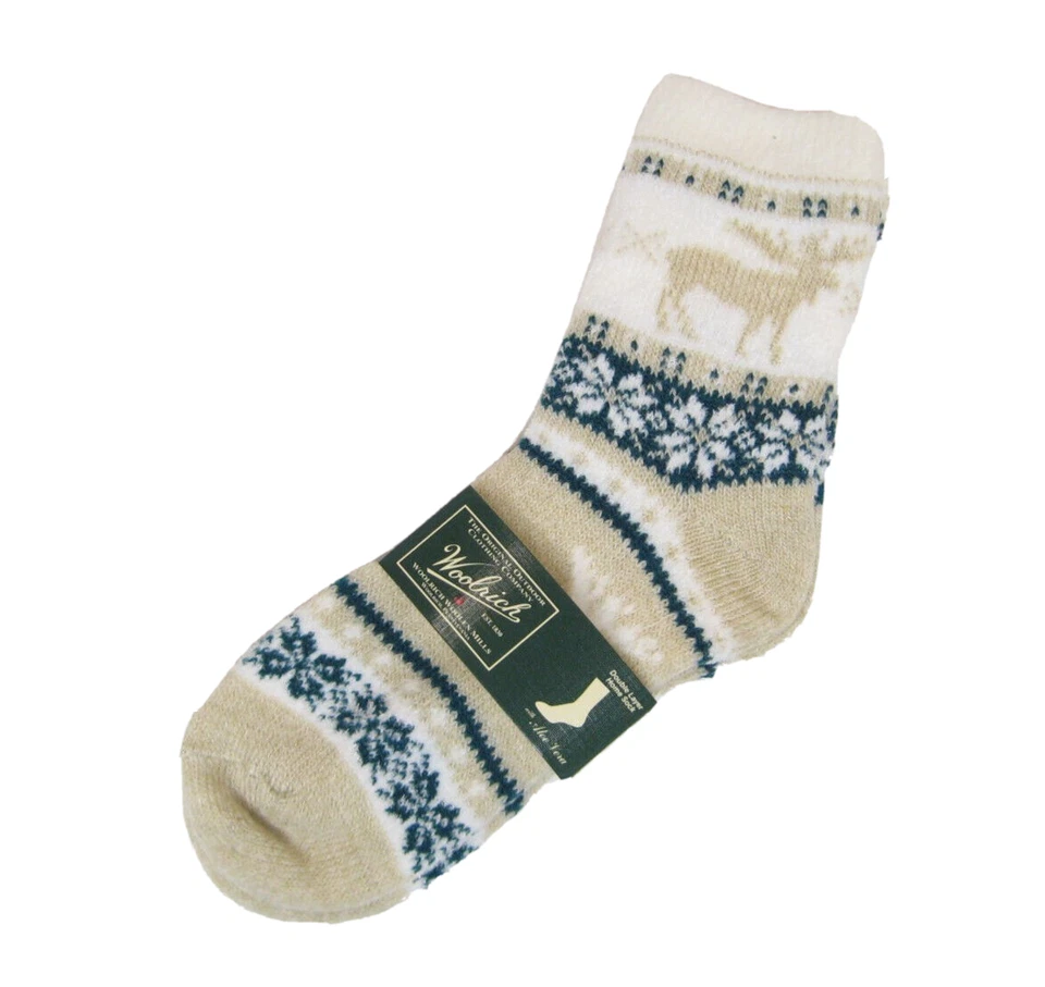 Woolrich Doble Capa Zapatilla Calcetines Fair Isle Alce Verde Marfil - NUEVO Foto 1 de 1