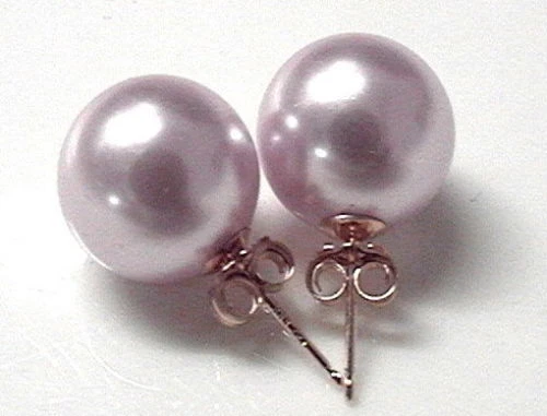 Aretes de perlas concha de mar de lavanda de 12 mm 14 mm postes de oro amarillo macizo de 14 K Foto 1 de 1