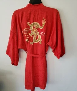 Increíble bata vintage 100 % seda LONGEVIDAD pegatina de mano dragón rojo manga corta - Imagen 1 de 8