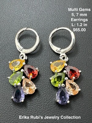Pendientes Multi Gemas 1.2 pulgadas Plata de Ley .925 Morganita Granate Peridoto Citrino Foto 1 de 2