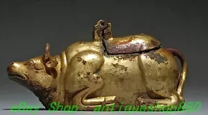 6.7'' Old Bronze Ware 24K Gold Gilt Cattle Cow ox Bull Animal Statue Sculpture - Picture 1 of 9