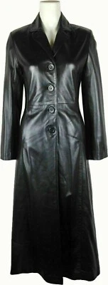 Women's Black Leather Trench Coat Genuine Lambskin Winter Long Overcoat Jacket - Image 1 of 4