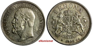 Sweden Oscar II Silver 1906 EB 1 Krona Mintage-426,939  XF Condition KM# 772(41) - Picture 1 of 3
