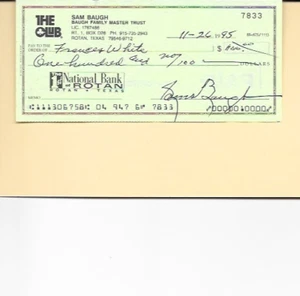 1995 Sam Baugh Signed "The Club" Baugh Family Master Trust Check Acct. Autograph - Picture 1 of 2