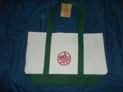 Bolso de Mano Reutilizable Trader Joe's Grande de Lona Verde/Blanco 20x14x6" Foto 1 de 4