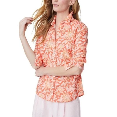 Camisa Blusa Clásica J. McLaughlin Lois Mezcla de Lino Estampado Coral Naranja Talla L Foto 1 de 4