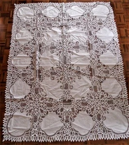 White Cotton & Lace Embroidered Floral battenburg Tablecloth 210cm x 165cm - Picture 1 of 9