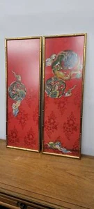 Par De Colección Tapiz Enmarcado Rojo Dragón Serpiente Par Colgante Arte De Pared Mano - Imagen 1 de 10