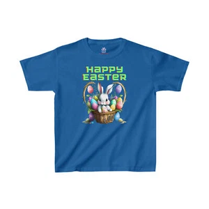 Happy Easter Bunny Basket Youth Kids Short Sleeve Cotton Shirt/ T-shirt/ Tee - Picture 1 of 33