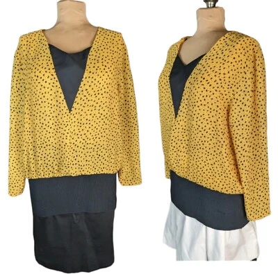 Vtg 80s XL Yellow & Black Geometric Long Sleeve Blouse Banded Hem New Wave Layer - Image 1 of 4