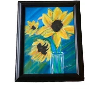 Pintura Original Bodegón 3 Girasoles en Jarrón Enmarcado 11x14 Lienzo Arte Floral - Imagen 1 de 8