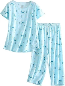 Women's Capri Pajama Set 2Pcs Short Sleeve Top Capri Pants Sleepwear Loungewear - Picture 1 of 26