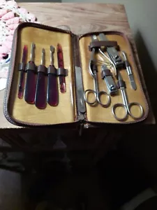 Vintage 11-Piece Manicure Set with Travel Case Brown Faux Leather - Picture 1 of 2