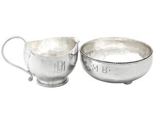 Sterling Silver Cream Jug & Sugar Bowl, Arts and Crafts Style, Antique George V