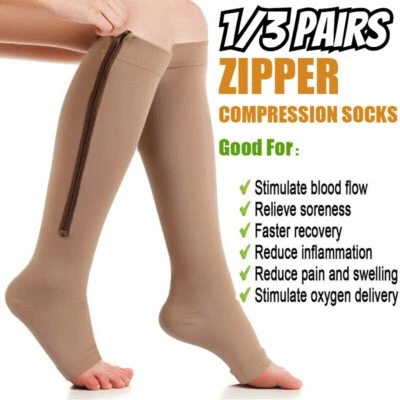 3 Pair Zippered Compression Socks Open Toe 30-40mmHg with Zipper Safe Protection - Image 1 of 4