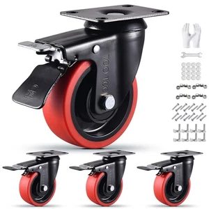 Casters Set of 4 Heavy Duty 4 Inch 4 Brake Caster Wheels Swivel 2200Lbs Capac... - Picture 1 of 6