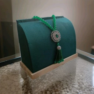 Perlen Kette Überwurf Glas Anhänger Grün Eckig Strass Modeschmuck - Bild 1 von 5