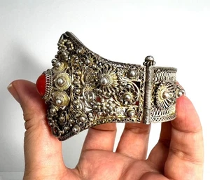Silver 900 bangle antique filigree real coral ethnic handmade unique 1900 - Picture 1 of 10
