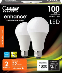 A19 LED Light Bulb, 100W Equivalent, Dimmable, E26 Base, CRI 90, 1600 Lumens, 27 - Picture 1 of 12