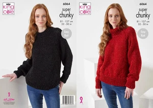 KING COLE KNITTING LEAFLET 6064.  EASY KNIT SUPER CHUNKY YARN SWEATERS UP TO 50" - Picture 1 of 3