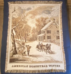American Homestead Winter Horse Scene Woven Throw Blanket Brown Fringe - Picture 1 of 8