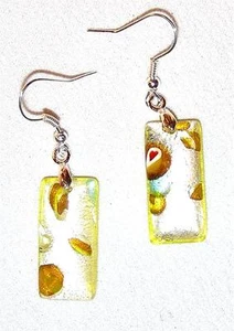 EARRINGS E27 Fused Glass YELLOW & SILVER FOIL DANGLES - Picture 1 of 1