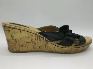 BØC Born Concept Manona Black Leather Flower Slide Cork Wedge Sandals Womens 10 - Picture 1 of 8