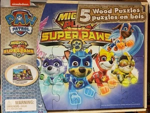 PAW PATROL MIGHTY PUPS SUPER PAWS 5 WOODEN PUZZLES IN STORAGE BOX NWT KIDS GIFT - Picture 1 of 3
