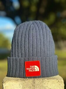 North Face Beanie Navy Blue With Red Patch