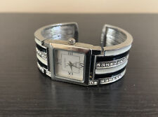 ELLEN TRACY Silver Tone & Black White Crystal Hinged Cuff Watch Not Working