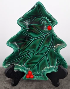 Vintage Lefton Porcelain Green Holly Berries Christmas Tree Serving Candy Dish - Picture 1 of 7