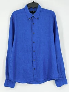 MASSIMO DUTTI Linen Shirt XL Blue Button Down Long Sleeve Elbow Patch - Picture 1 of 11