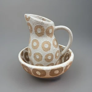 Krug und Schüssel Waschbecken Set weiß & hellbraun Landhaus Terrakotta Dekor - Bild 1 von 4