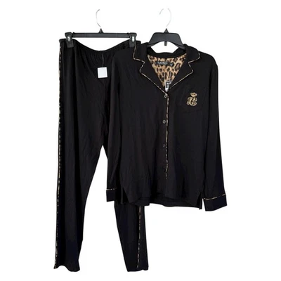 Nuevo con etiquetas Conjunto de pijama tejido negro Lauren Ralph Lauren estampado de leopardo ribete para mujer pequeño Foto 1 de 3