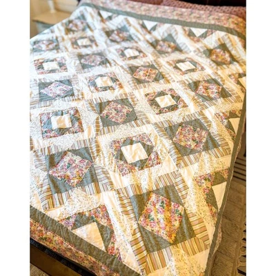 Edredón de retazos hecho a mano • Rayas florales de los años 90, ropa de cama completa/queen Cottagecore Foto 1 de 4